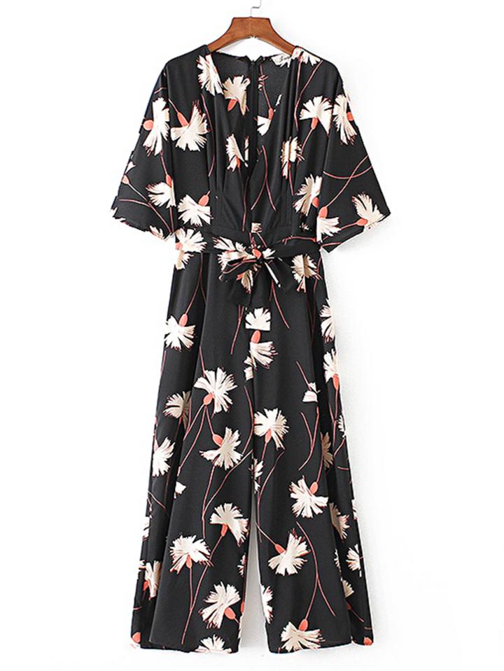 Romwe Plunging V-neckline Tie Waist Jumpsuit