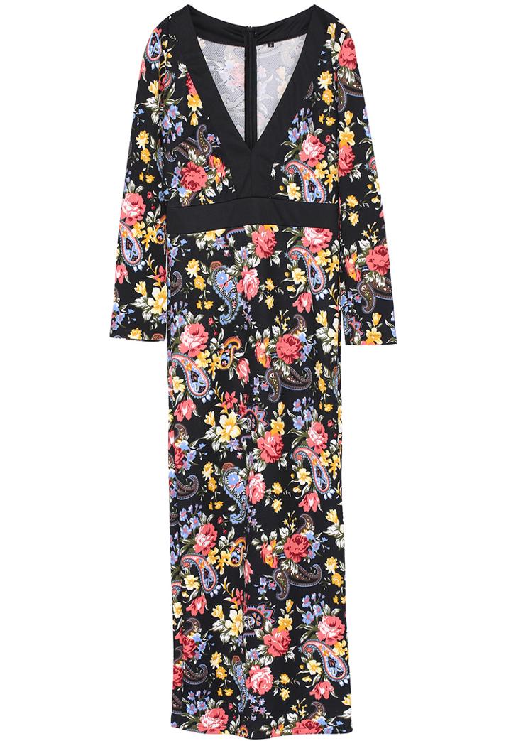 Romwe Floral Print Black Maxi Dress