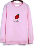Romwe Strawberry Embroidered Pink Sweatshirt
