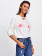 Romwe Flamingo Print Faux Fur Embellished Cut Out Neck Tee