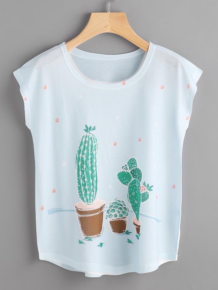 Romwe Cap Sleeve Cactus Print Tee