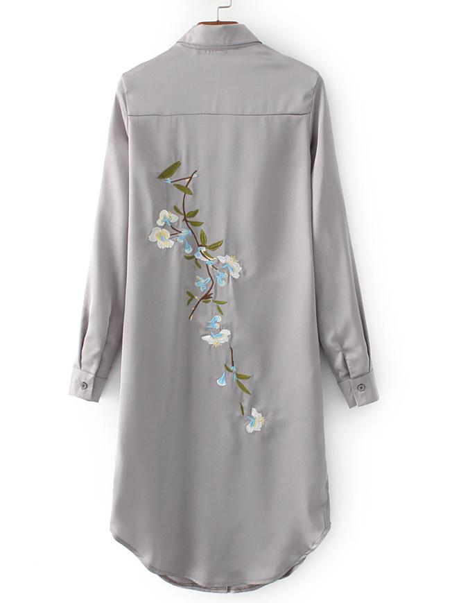 Romwe Grey Embroidered Back Slit Side Shirt Dress
