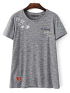 Romwe Grey Letter Embroidery Casual T-shirt