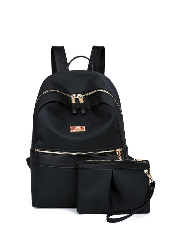 Romwe Side Pocket Double Zipper Backpack With Clutch