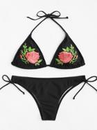 Romwe Embroidered Flower Halter Bikini Set