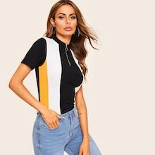Romwe O-ring Zip Front Color-block Slim Fitted Tee