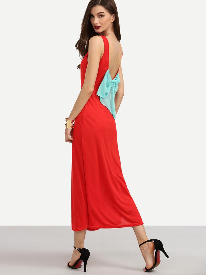 Romwe Red Contrast Bow Back Tank Dress