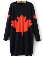 Romwe Navy Leaf Pattern Ribbed Trim Sweater Dress