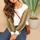 Romwe Loose Knit Striped Sleeve Pullover
