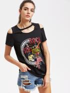 Romwe Graphic Print Distressed Open Shoulder Tee