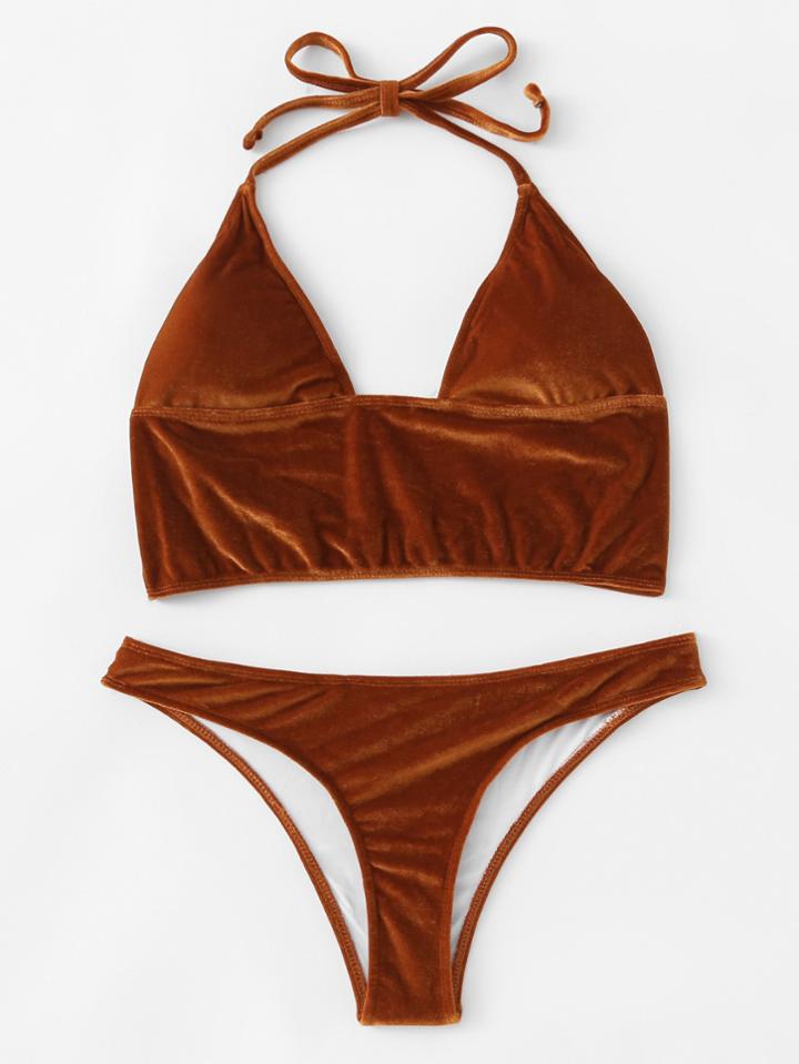 Romwe Back Hook Velvet Bikini Set