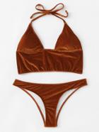 Romwe Back Hook Velvet Bikini Set