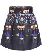 Romwe Abstract Print A-line Black Skirt