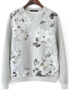 Romwe Grey Long Sleeve Floral Organza Sweatshirt