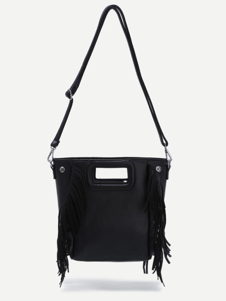 Romwe Black Cut Out Handle Fringe Shoulder Bag