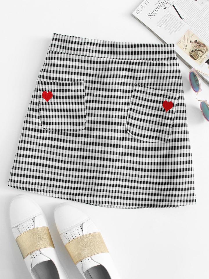 Romwe Heart Embroidered Plaid Skirt