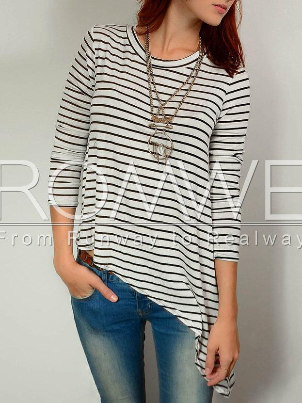 Romwe White Striped Crew Neck Asymmetric T-shirt