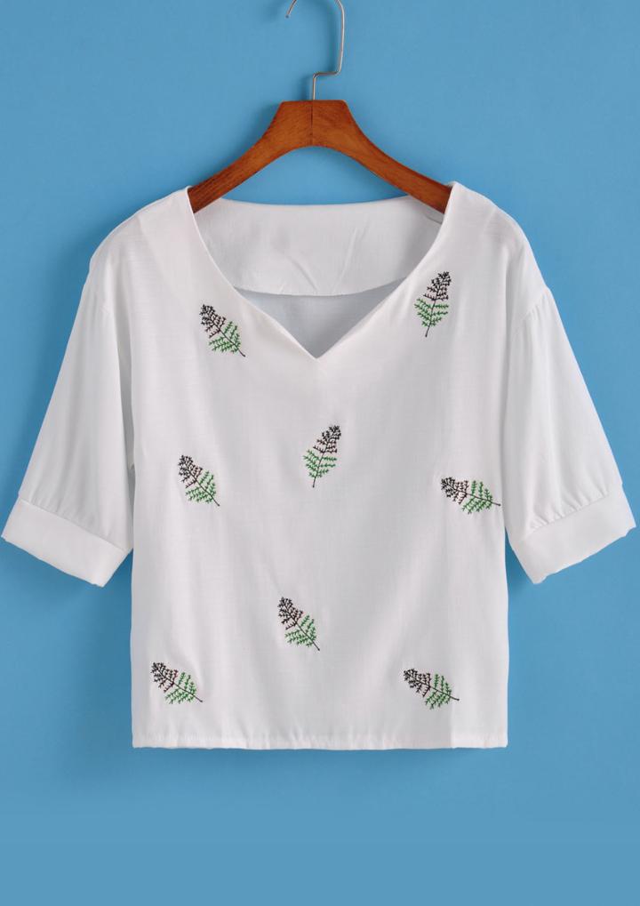 Romwe V Neck Leaves Embroidered Top