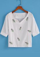 Romwe V Neck Leaves Embroidered Top