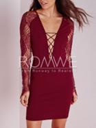 Romwe Wine Red Long Sleeve Deep V Neck With Lace Dress