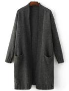 Romwe Black Collarless Ribbed Trim Slit Long Sweater Coat