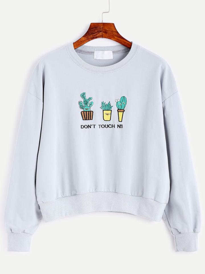 Romwe Blue Drop Shoulder Cactus Embroidery Sweatshirt