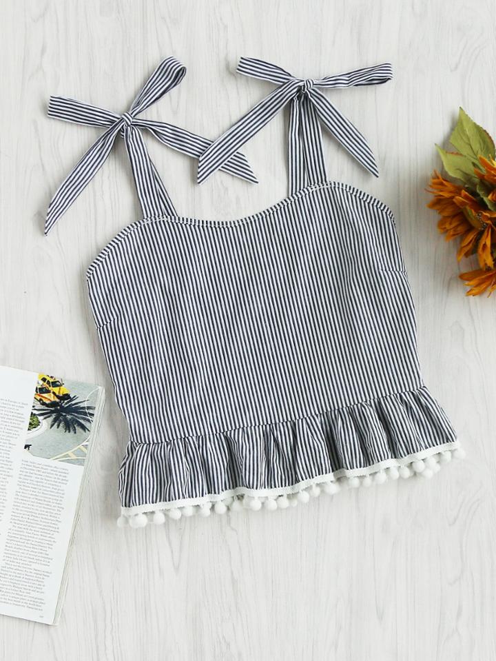 Romwe Self Tie Shoulder Stripe Frill Pompom Hem Top