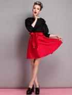 Romwe Red Bow Tie Front Flare Skirt