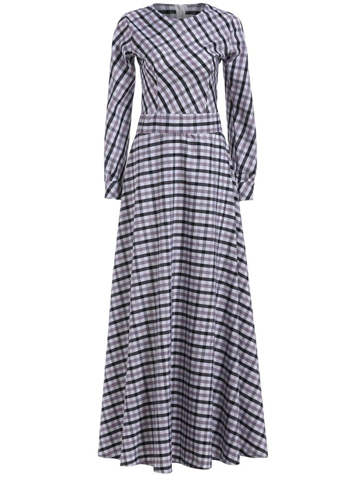 Romwe Long Sleeve Plaid Maxi Dress