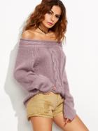 Romwe Purple Cable Knit Off The Shoulder Sweater