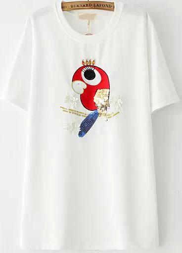 Romwe Parrot Embroidered Sequined Applique White T-shirt