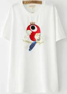 Romwe Parrot Embroidered Sequined Applique White T-shirt