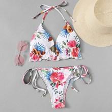Romwe Random Floral Frill Trim Top With Low Rise Bikini