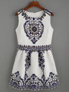 Romwe White Vintage Print Pleated Fit And Flare Dress