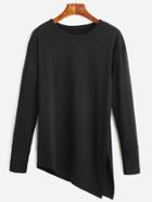 Romwe Black Asymmetrical Slit Side Long Sleeve T-shirt