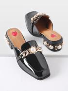 Romwe Black Faux Pearl Chunky Heeled Loafer Mules