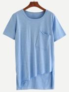Romwe Blue Asymmetric T-shirt With Pockets