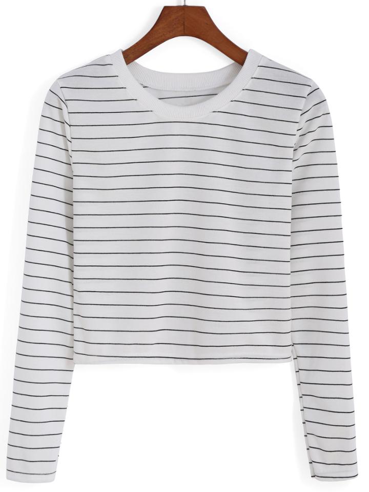 Romwe Round Neck Striped Crop White Sweatshirt