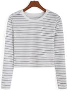 Romwe Round Neck Striped Crop White Sweatshirt