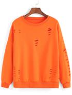 Romwe Round Neck Ripped Loose Orange Sweatshirt