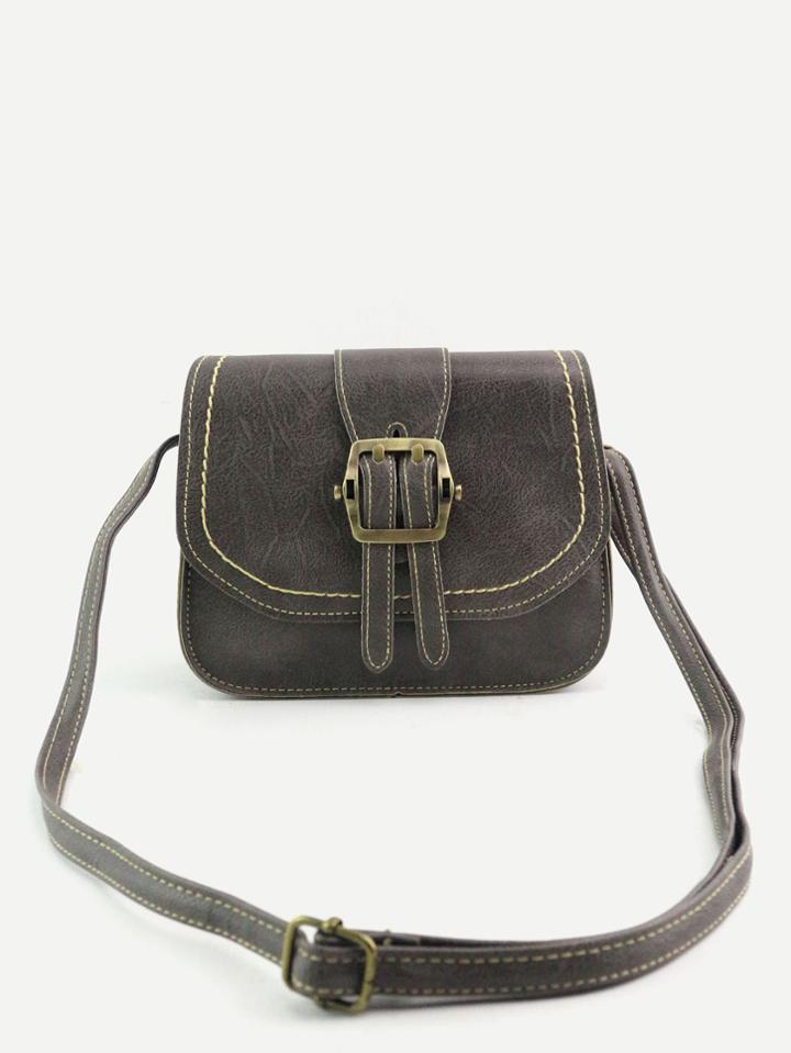 Romwe Vintage Buckled Pu Topstitch Shoulder Bag