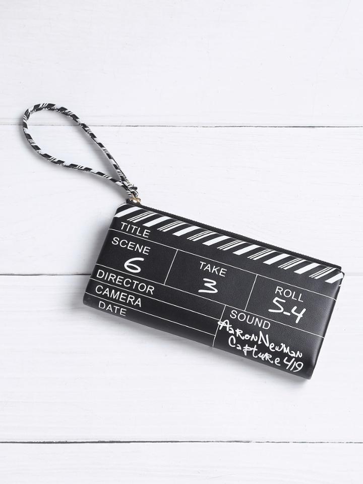 Romwe Graphic Print Striped Detail Pu Wallet