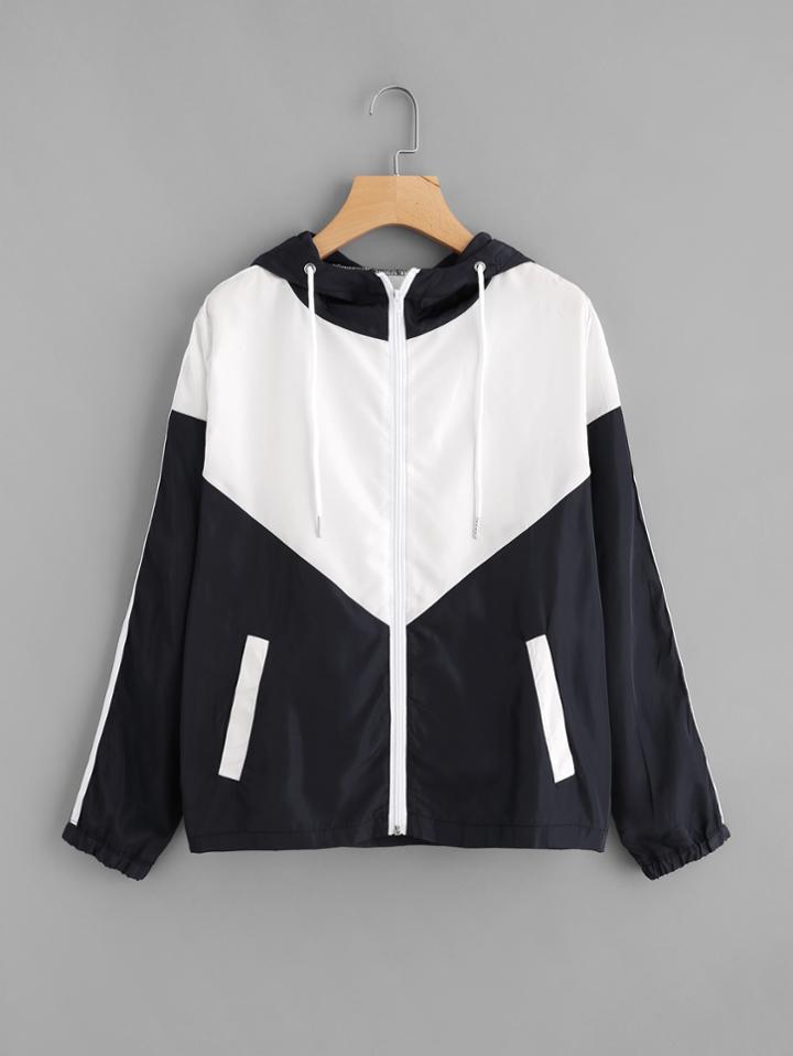 Romwe Two Tone Striped Side Hooded Jacket
