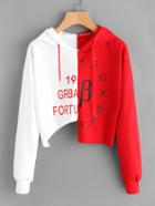 Romwe Color Block Letter Print Cut Out Hoodie