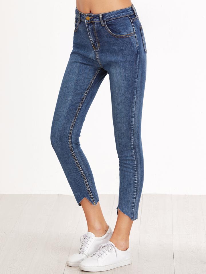 Romwe Blue Raw Hem Skinny Jeans