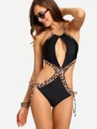 Romwe Leopard Trim Slit Front Cutout Monokini - Black