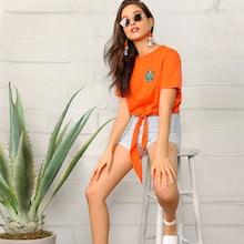 Romwe Patch Detail Knot Hem Neon Orange Tee