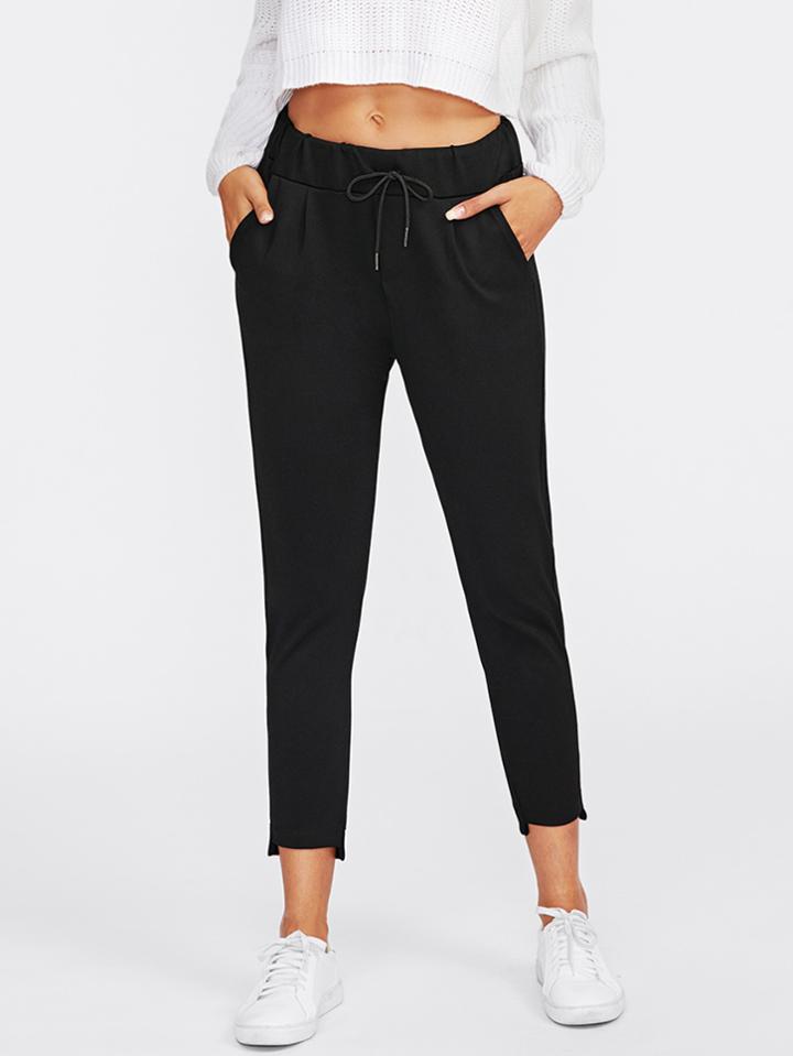 Romwe Drawstring Waist Raw Hem Ankle Pants