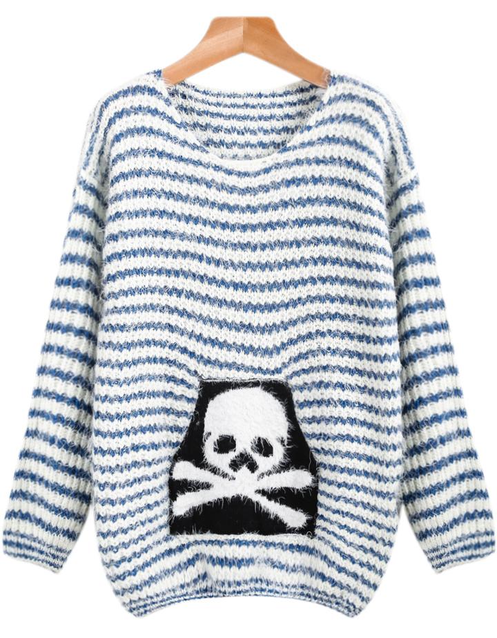 Romwe Striped Skull Print Mohair Sweater