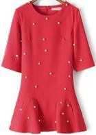 Romwe Half Sleeve With Bead Peplum Hem Red Dress